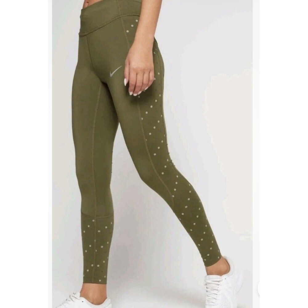 Nike Dri Fit Running Tights Womens Large Olive Green High Rise Reflective size S